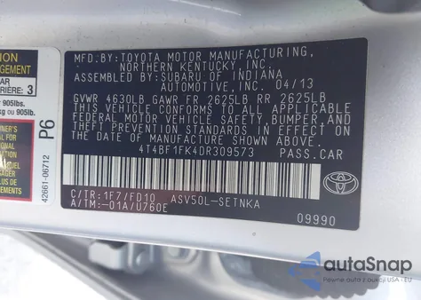 2013 Toyota Camry Le from USA, damaged, VIN 4T4BF1FK4DR309573